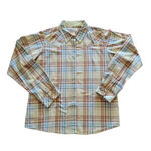 Wrangler Blues Shirt Women's Large Yellow Plaid Long Sleeve Pearl Snap Western
